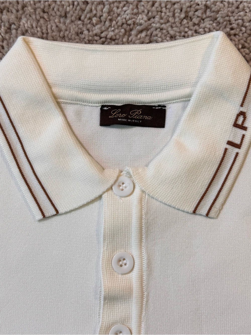 Loro Piana Men’s Large White Cream Polo Shirt with Brown Logo and Collar Trim - Picture 4 of 6